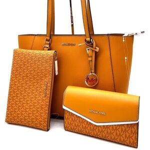 Michael Kors Charlotte LG Tote Bag 3 IN 1 Leather Shoulder Bag Cider